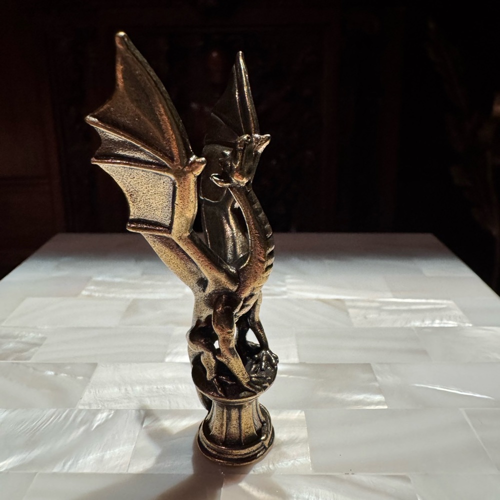 Solid Brass Dragon on Pedestal Vintage-style Sculpture Desk Decor - Picture 9 of 14
